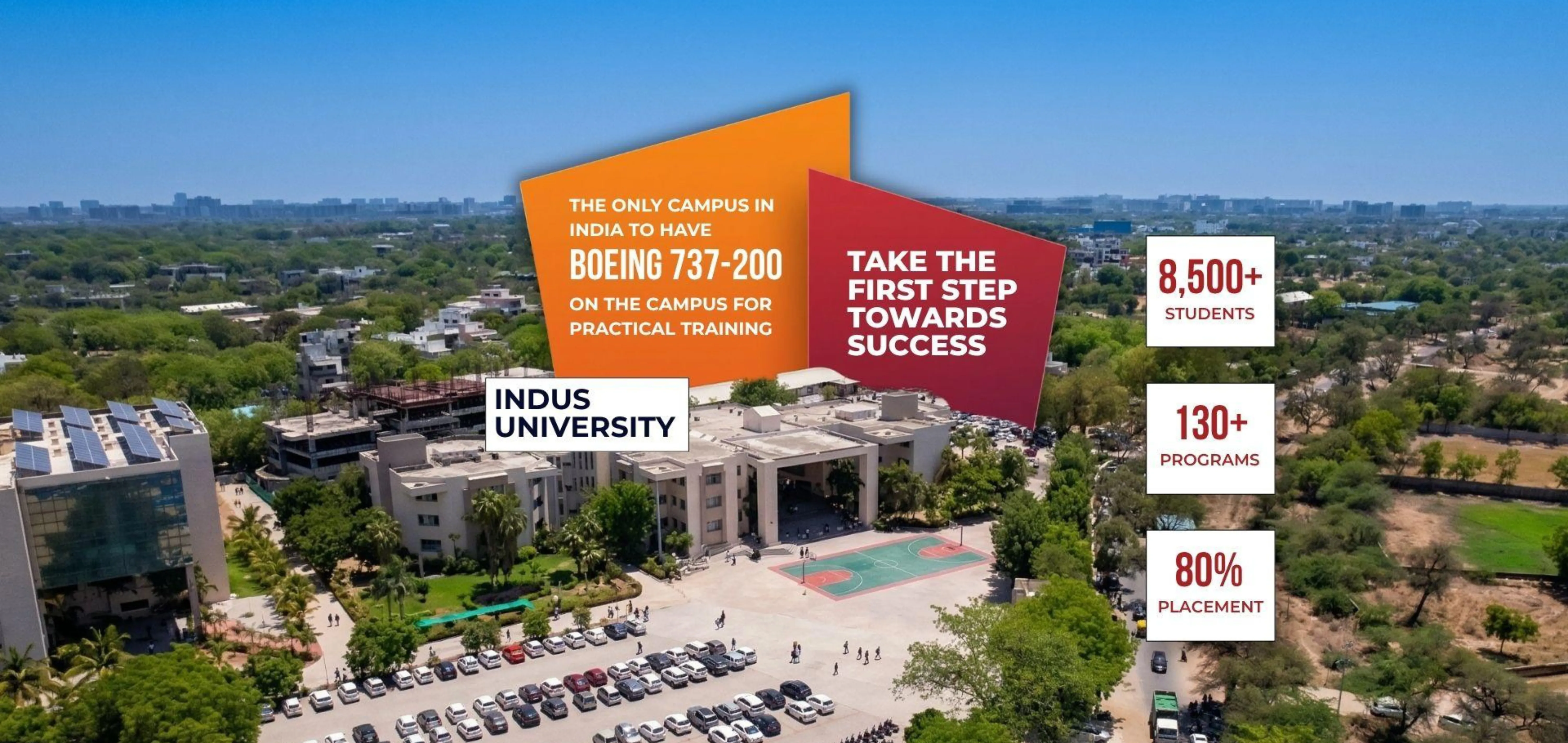 Aerial view of the Indus University campus in India. Text overlays highlight it as the only campus in India with a Boeing 737-200 for practical training, alongside key statistics: 8,500+ students, 130+ programs, and an 80% placement rate.
